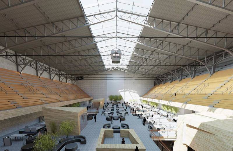 A proposed mixed commercial space in the Oakland Civic Auditorium's large arena.