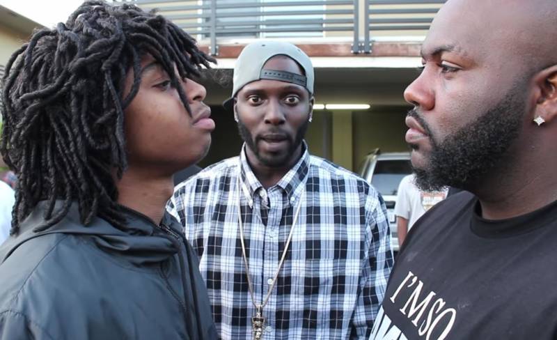 Lewis Belt as SonnieBo, facing off in a freestyle battle with Mistah FAB.