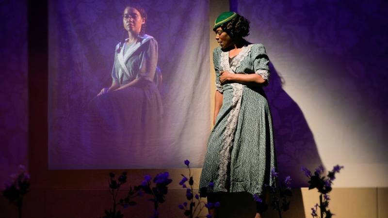 Violet (C. Kelly Wright) speaks to the portrait of Dorcas (Dezi Solèy) in Marin Theatre Co.'s production of 'Jazz.'