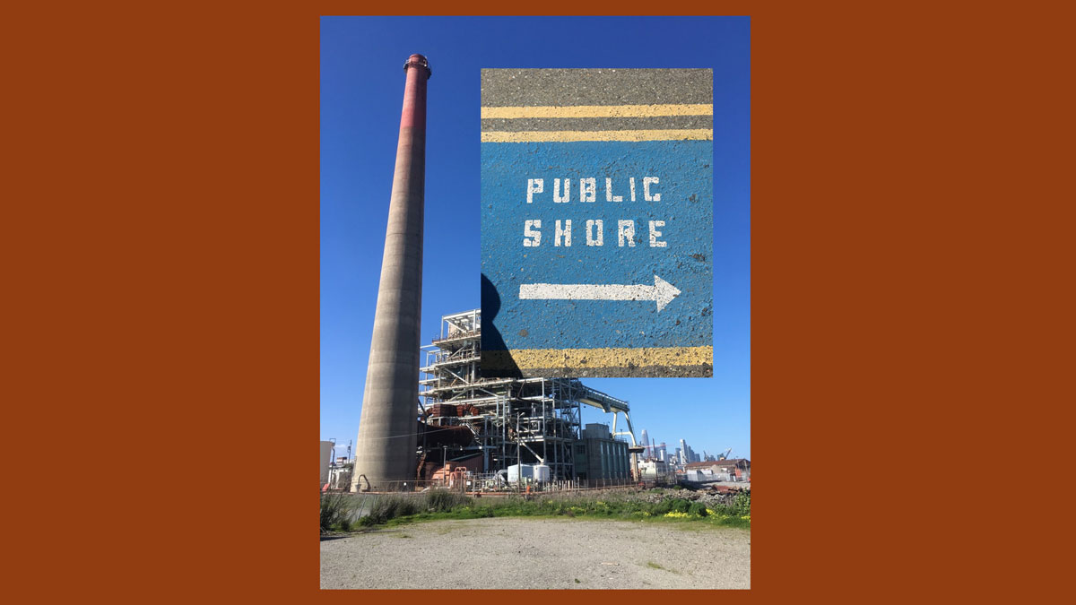 The decommissioned power plant and painted concrete announcing the nearby public shore; a page from the PDF available via Open Space. 