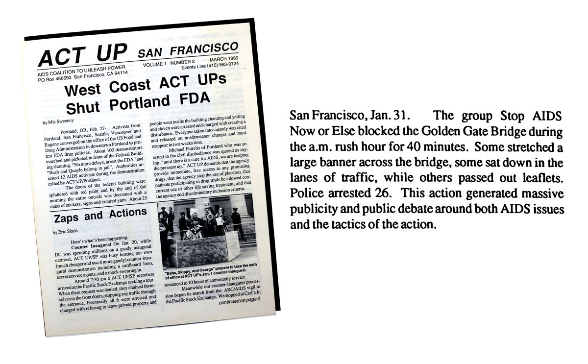 Cover of the ACT UP San Francisco newsletter, March 1989, featuring a short announcement of a Jan. 31 action on the Golden Gate Bridge.