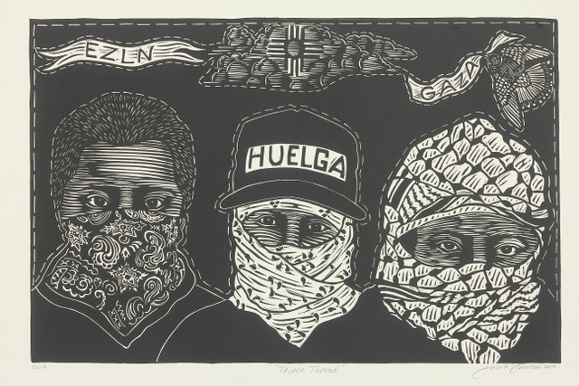 Juan Fuentes' excluded print depicts a man in a Palestinian keffiyeh below the word "Gaza."