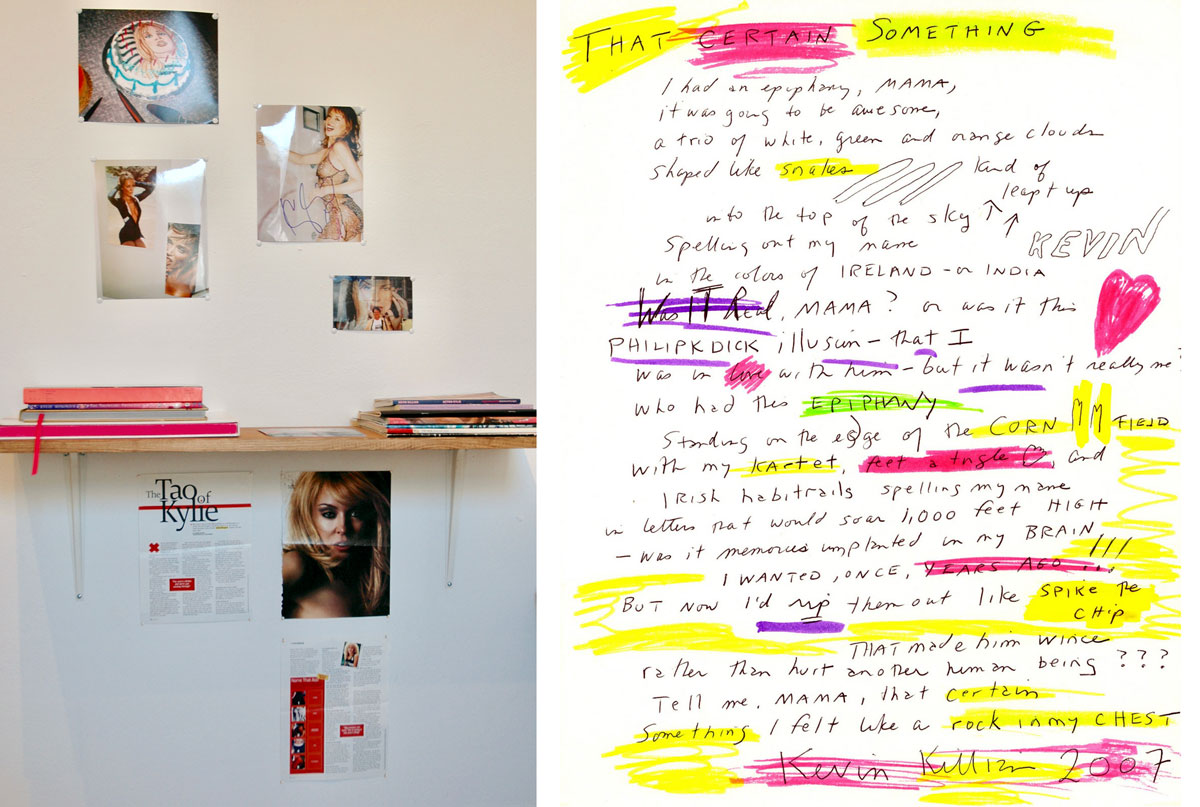 Kevin Killian's shelf of Kylie Minogue memorabilia, fan fiction and incantations in 'Lending Library,' Adobe Books Backroom Gallery, 2010; and a poem by Killian that functioned as a takeaway "catalog" for the show.