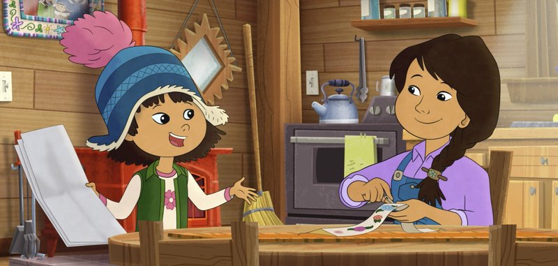 This image released by PBS shows characters Molly, voiced by Sovereign Bill, left, and her mother, voiced by Jules Koostachin in a scene from the animated series "Molly of Denali." The animated show, which highlights the adventures of a 10-year-old Athabascan girl, Molly Mabray, premieres July 15 on PBS Kids. 
