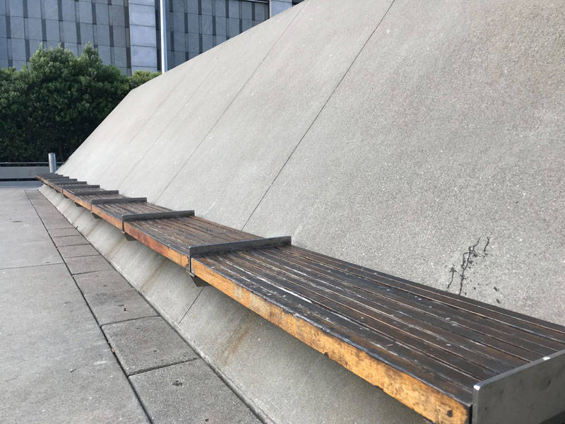 The plaza at the Phillip Burton Federal Building near Civic Center is a playground of hostile architecture. 