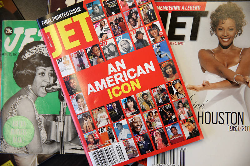 The final print edition of JET magazine with a cover declaring it "An American Icon" is displayed with vintage copies of the magazine at the offices of Johnson Publishing Company, which publishes the magazine, on June 9, 2014 in Chicago, Illinois.