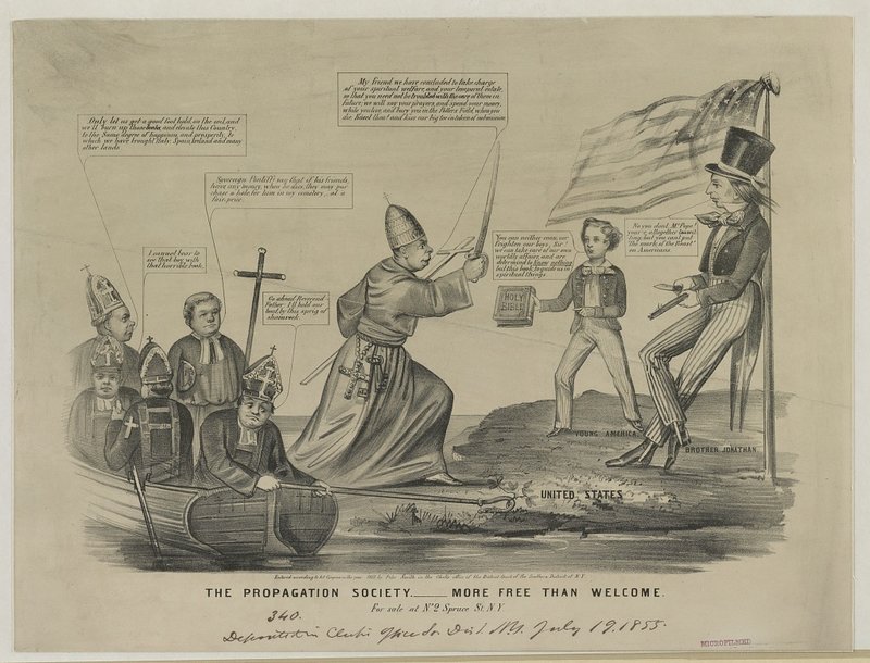 This cartoon, published around 1855, reflects the pervasive anti-Catholic sentiment of the era — perhaps best epitomized by the rise of the Know-Nothings, a nativist political party. Catholics, led by the pope, are depicted as an invading force of foreigners, rebuffed by a man dressed like Uncle Sam, who likens them to the anti-Christ.