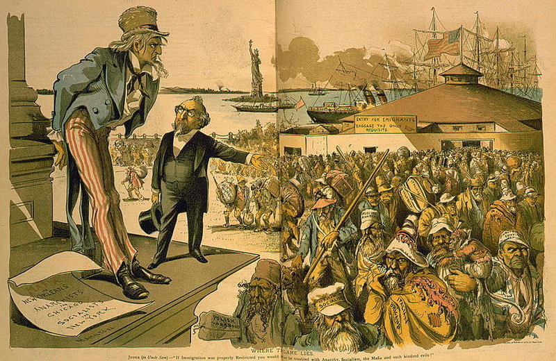 A cartoon, published in 1891, titled "Where the Blame Lies." shows a man gesturing toward a crowd of immigrants — including the "German socialist," "Italian brigand" and "English convict." The gesturing man tells a sagging Uncle Sam: "If Immigration was properly Restricted you would no longer be troubled with Anarchy, Socialism, the Mafia and such kindred evils!"