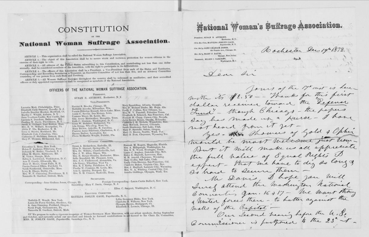The Constitution of the National Women Suffrage Association and a 1872 letter from Susan B. Anthony, in the volume Correspondence, 1846-1905.