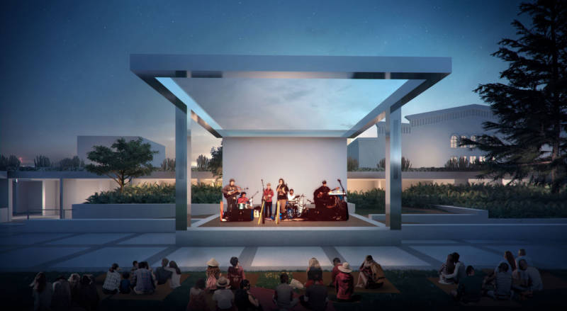 Rendering shows an outdoor stage for programming such as OMCA's Friday Nights series.