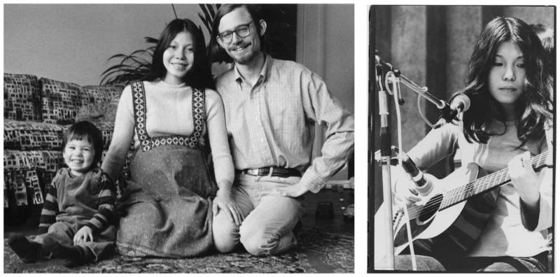 Sachiko Kanenobu with husband Paul Williams and her first child (L); Kanenobu performing in the 1970s (R).