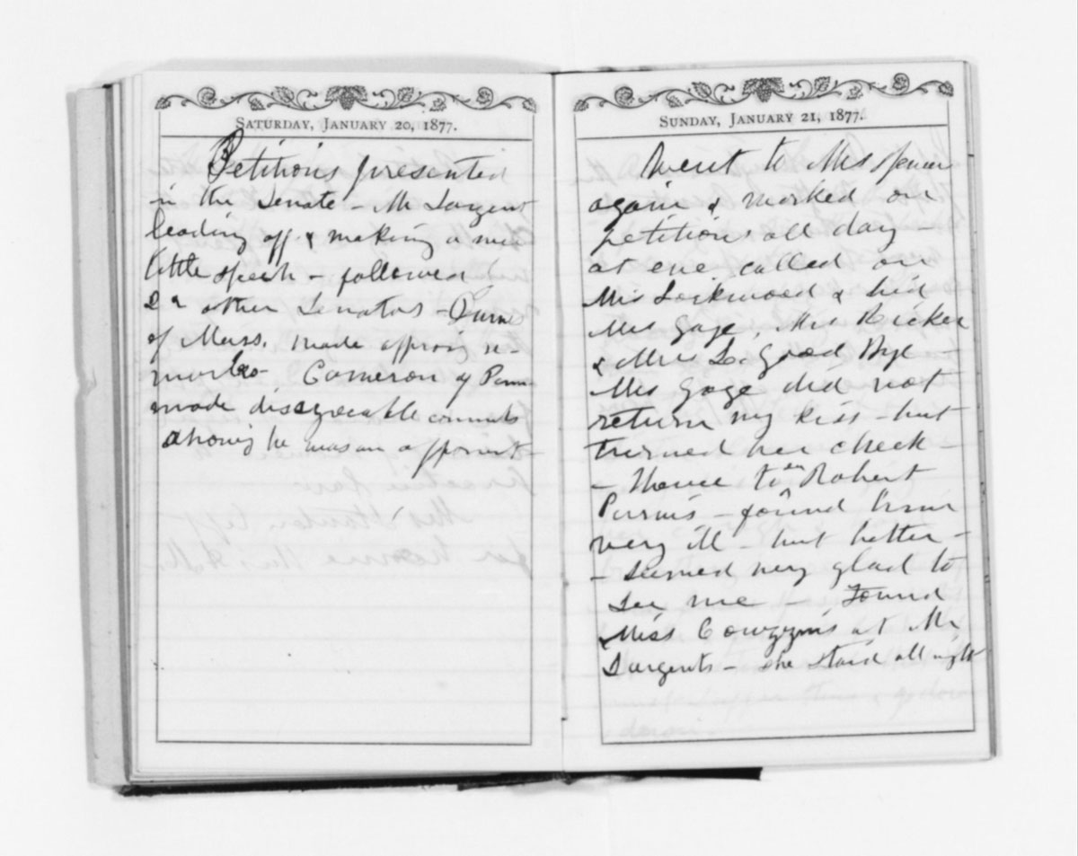 Susan B. Anthony's diary entries for Jan. 20–21, 1877.