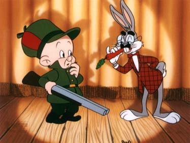 Elmer Fudd and Bugs Bunny in a battle of wits.