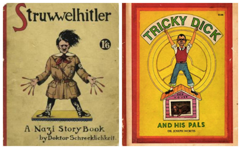 L: Robert and Philip Spence's war-time parody. R: 1974's 'Tricky Dick and his pals: Comical stories, all in the manner of Dr. Heinrich Hoffmann's Der Struwwelpeter' by Joseph Wortis.