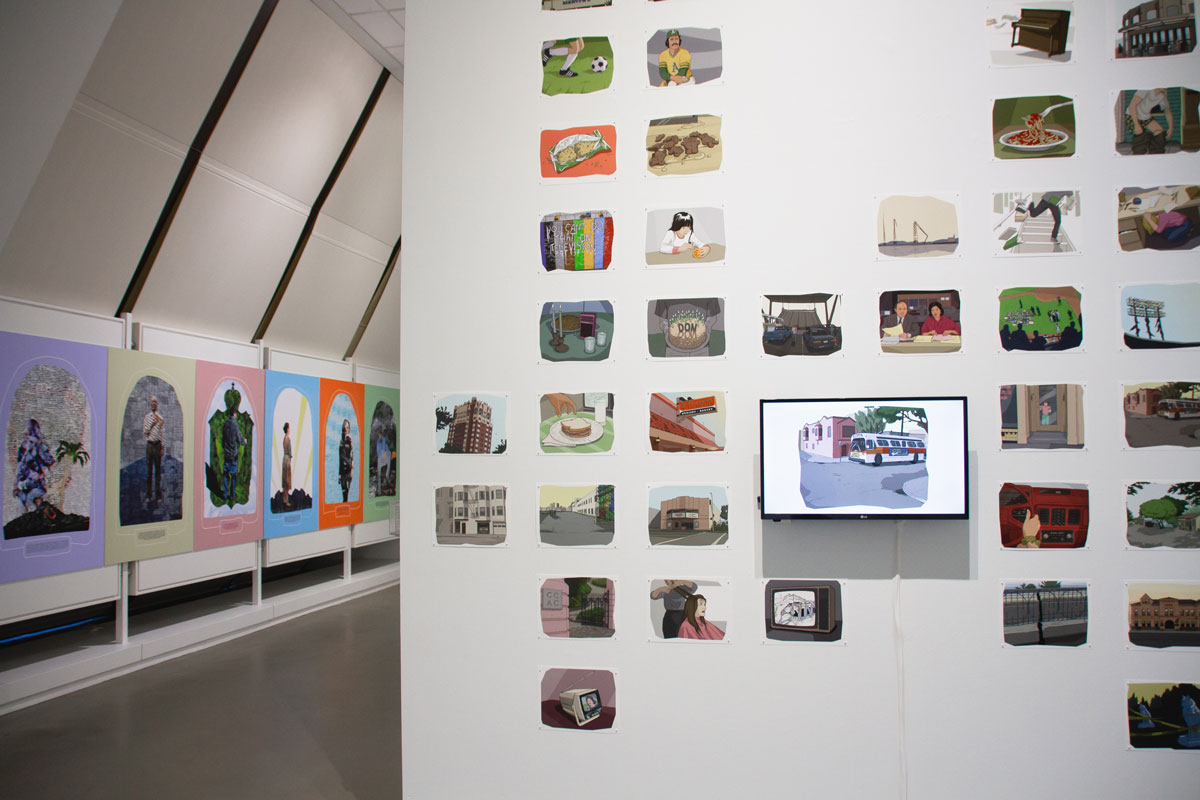 Installation view of 'Task of Remembrance,' with work by Sofía Córdova (L) and Jenifer Wofford (R).