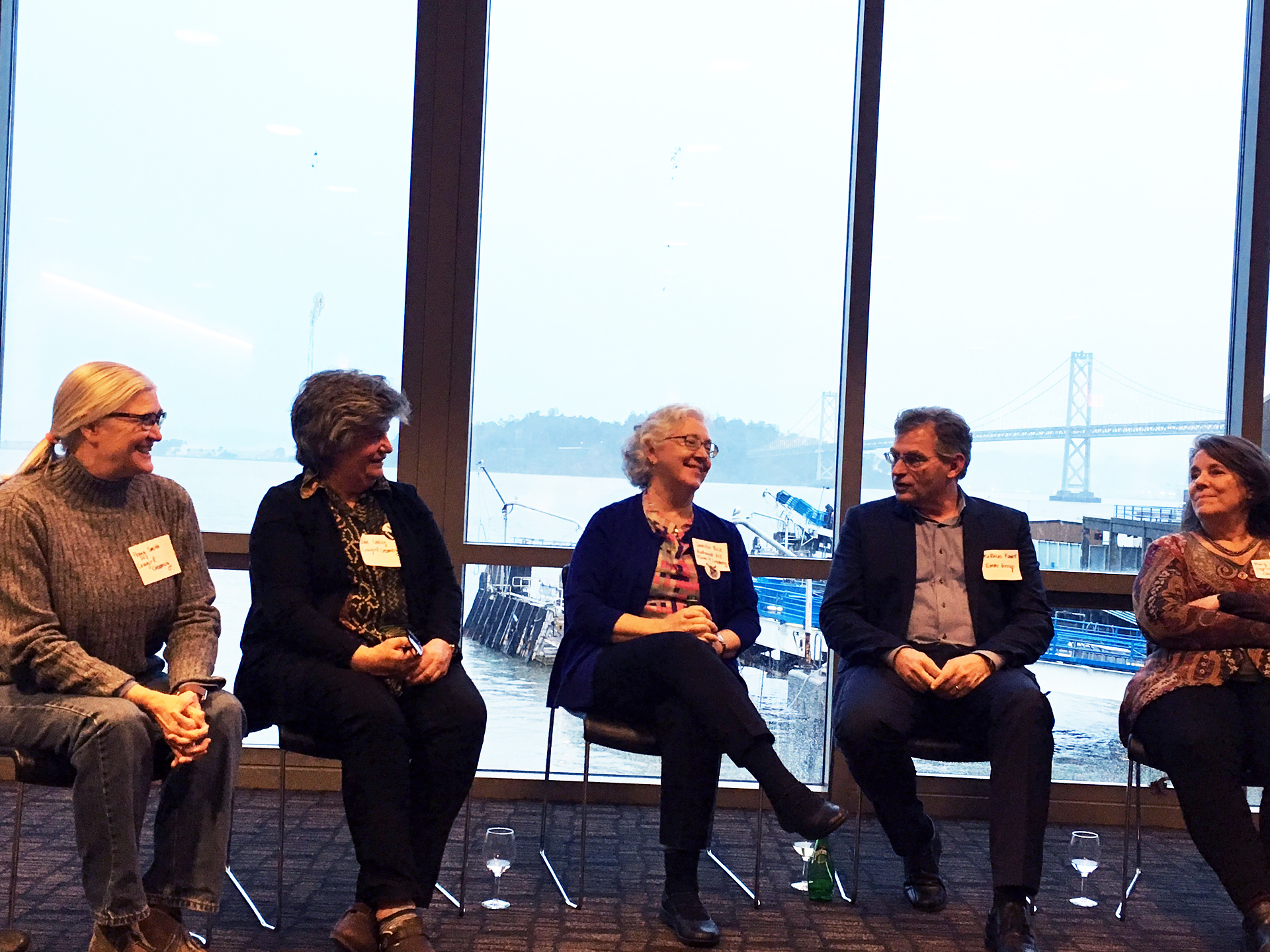 From left: Peggy Smith (Cowgirl Creamery), Sue Conley (Cowgirl Creamery), Jennifer Bice (Redwood Hill), Matthias Kunz (Emmi), and Mary Keehn (Cypress Grove) in the Port Room of the San Francisco Ferry Building.