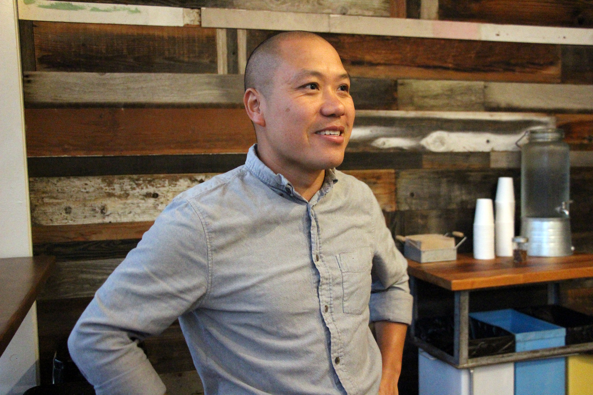 Owner Viet Nguyen at Bare Knuckle Pizza's grand opening.