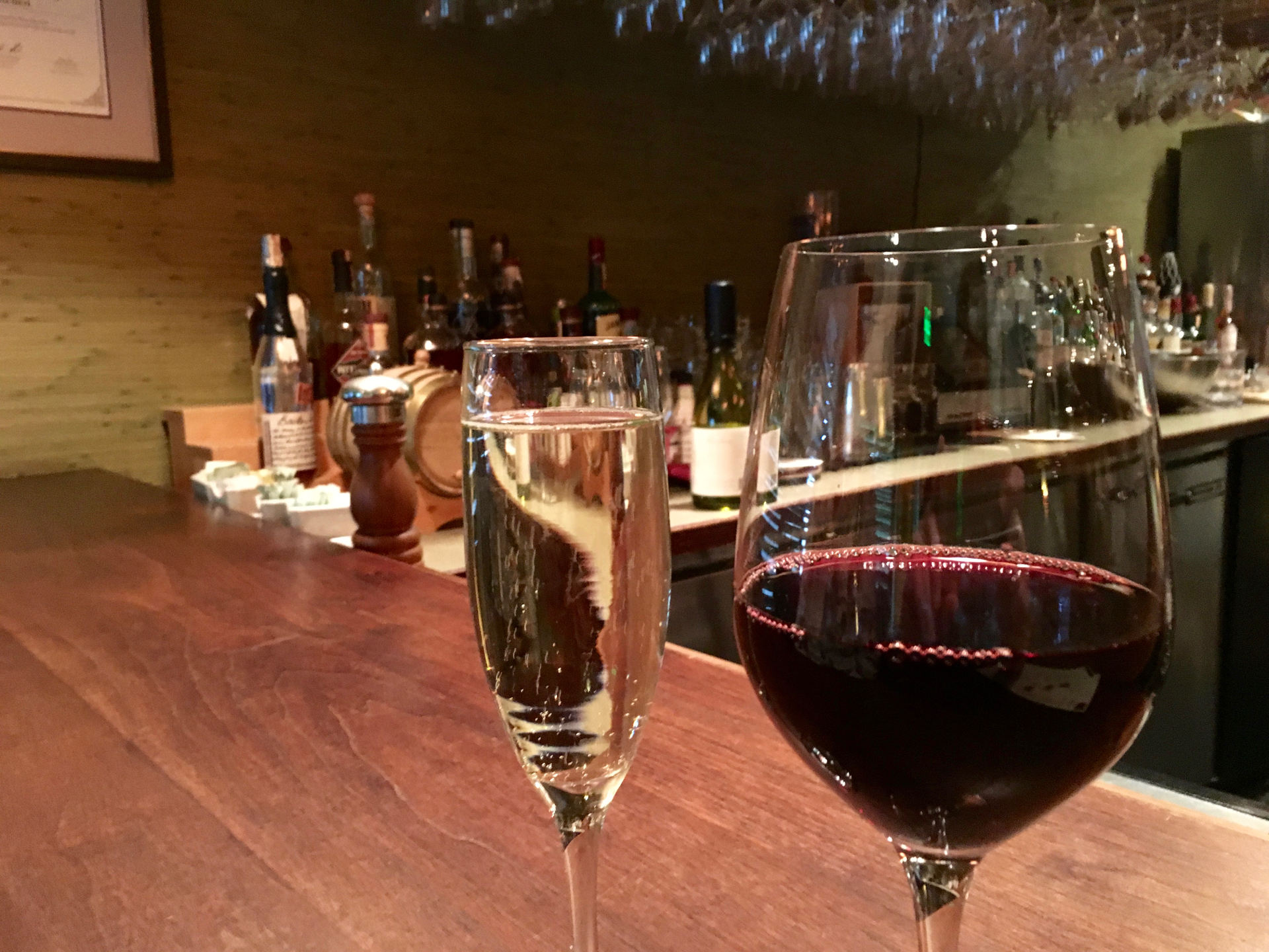 A glass of prosecco and cabernet sauvignon at Cin-Cin Wine Bar & Restaurant.