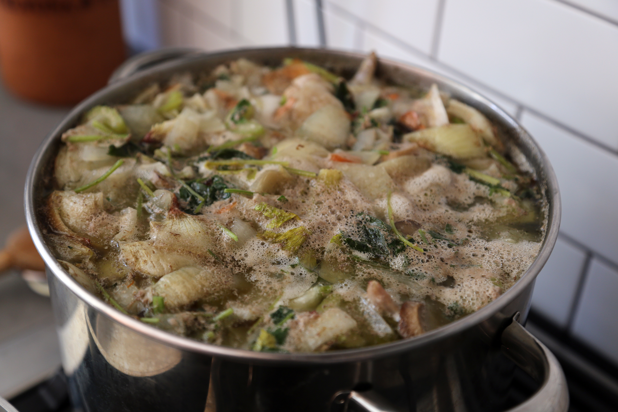 Reduce the heat to low and let simmer gently for about 2 hours.