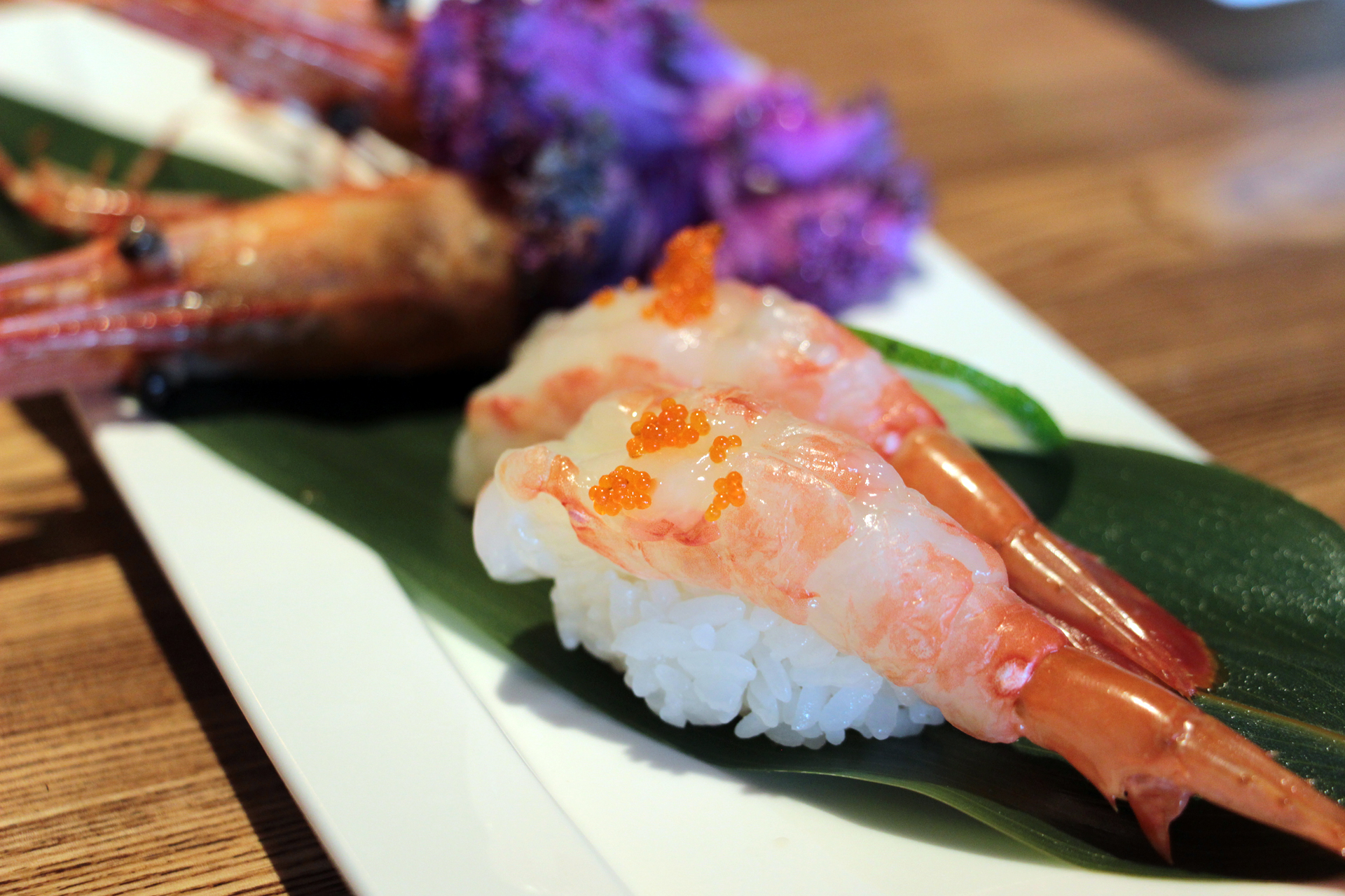 Amaebi, raw shrimp sushi.