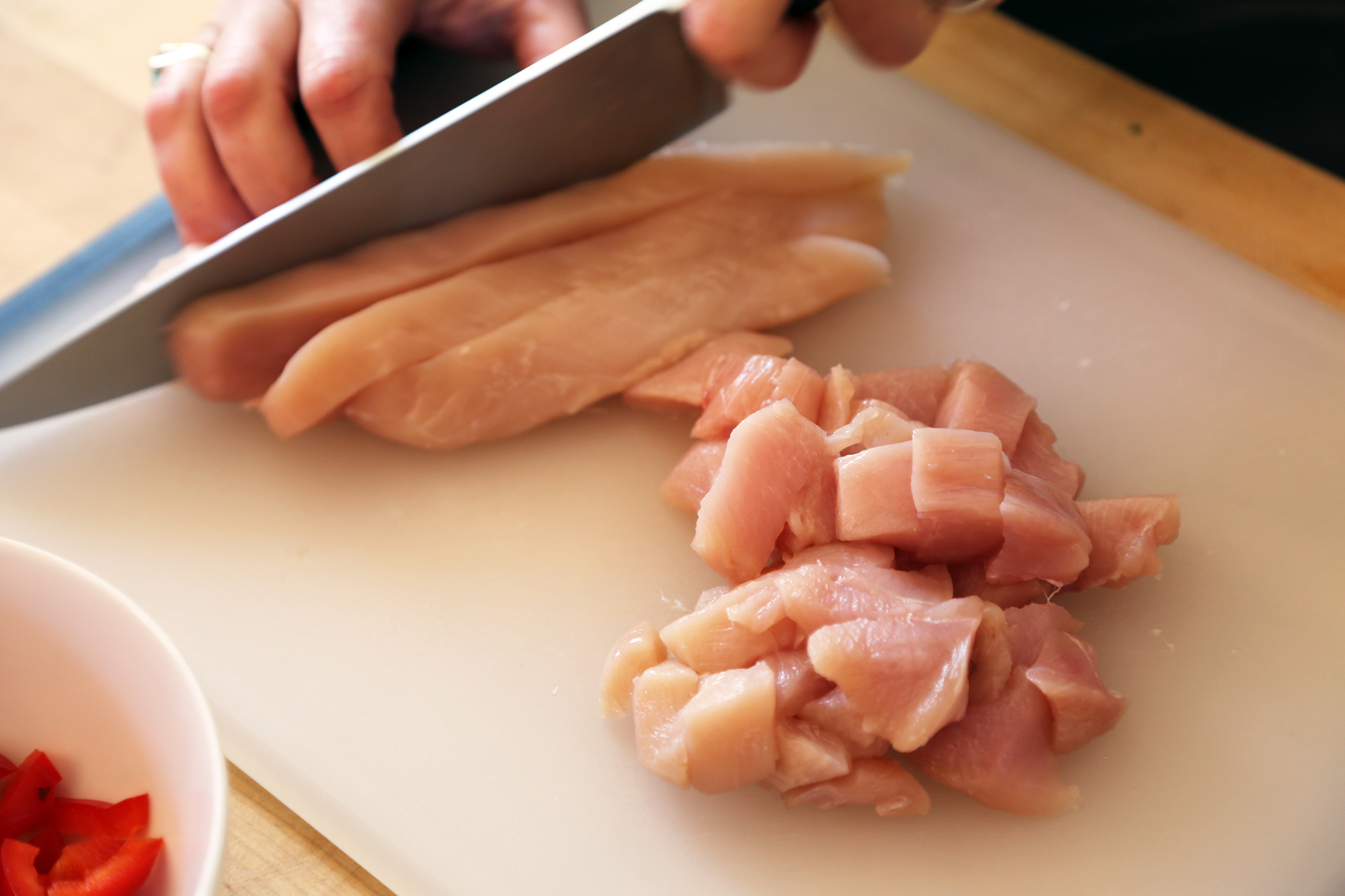 Boneless, skinless chicken thigh or breast, thinly sliced or cubed.