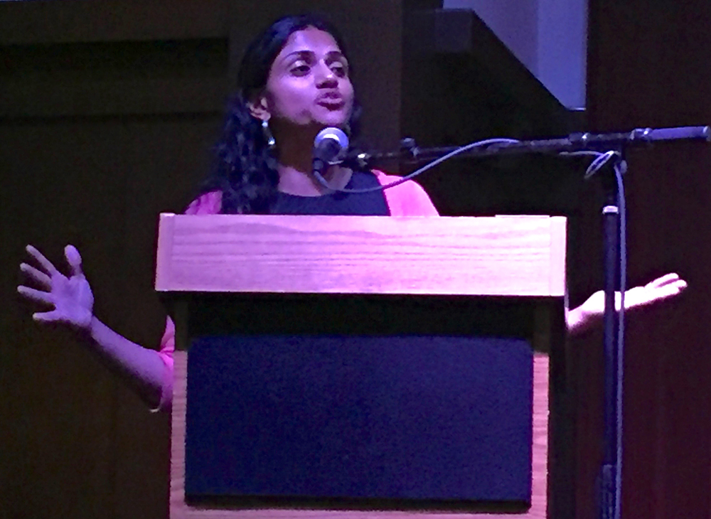 Saru Jayaraman of ROC exhorts the crowd to take action to end low wages, unfair practices and segregation in the restaurant industry.