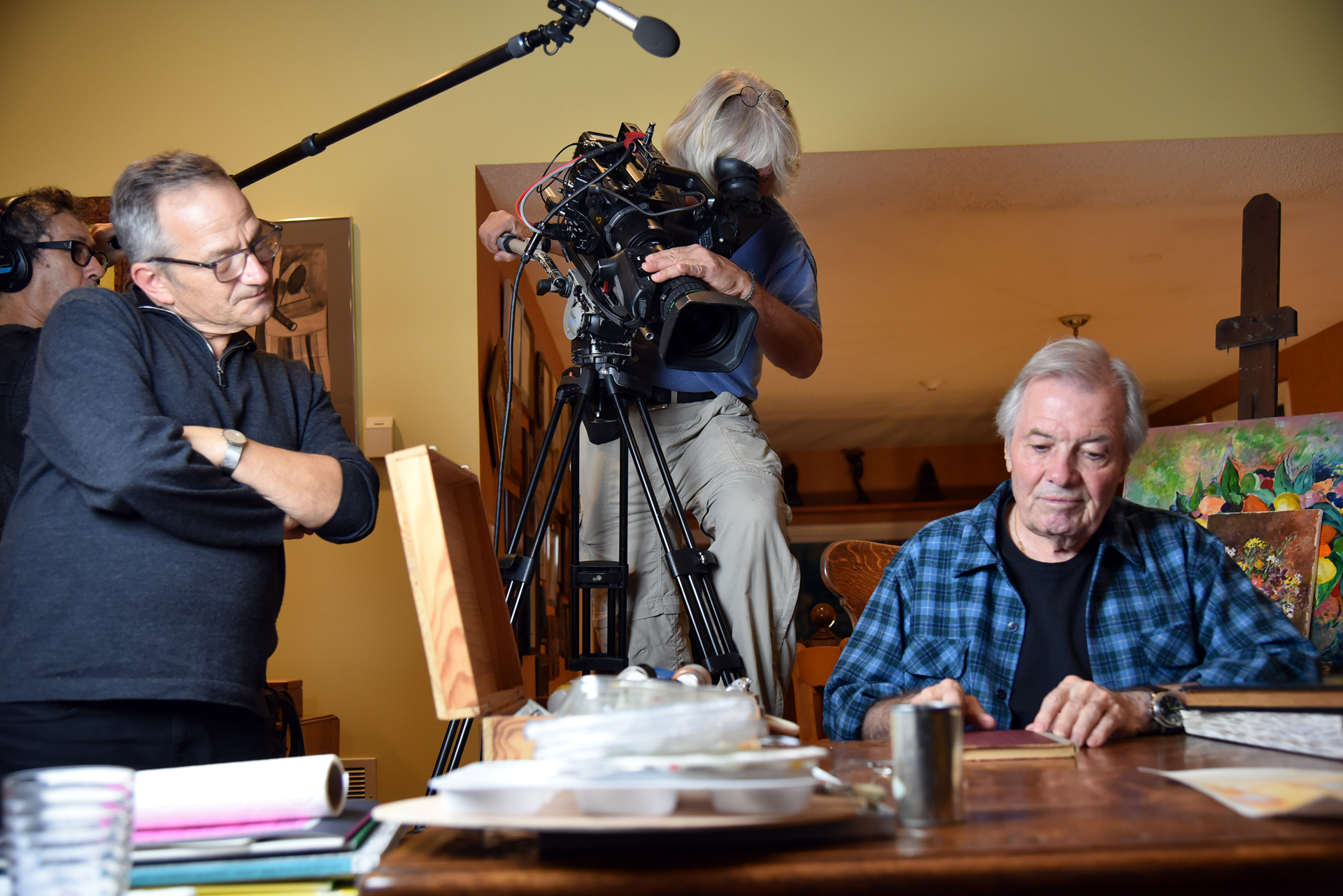 Jacques Pépin (R), director Peter L. Stein (L), director of photography Vicente Franco, and sound engineer Jose Araujo, during the filming of Pépin’s American Masters documentary, 2016.