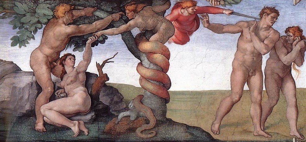 A detail of Michelangelo's fresco in the Vatican's Sistine Chapel depicting the Fall of Man and expulsion from the Garden of Eden