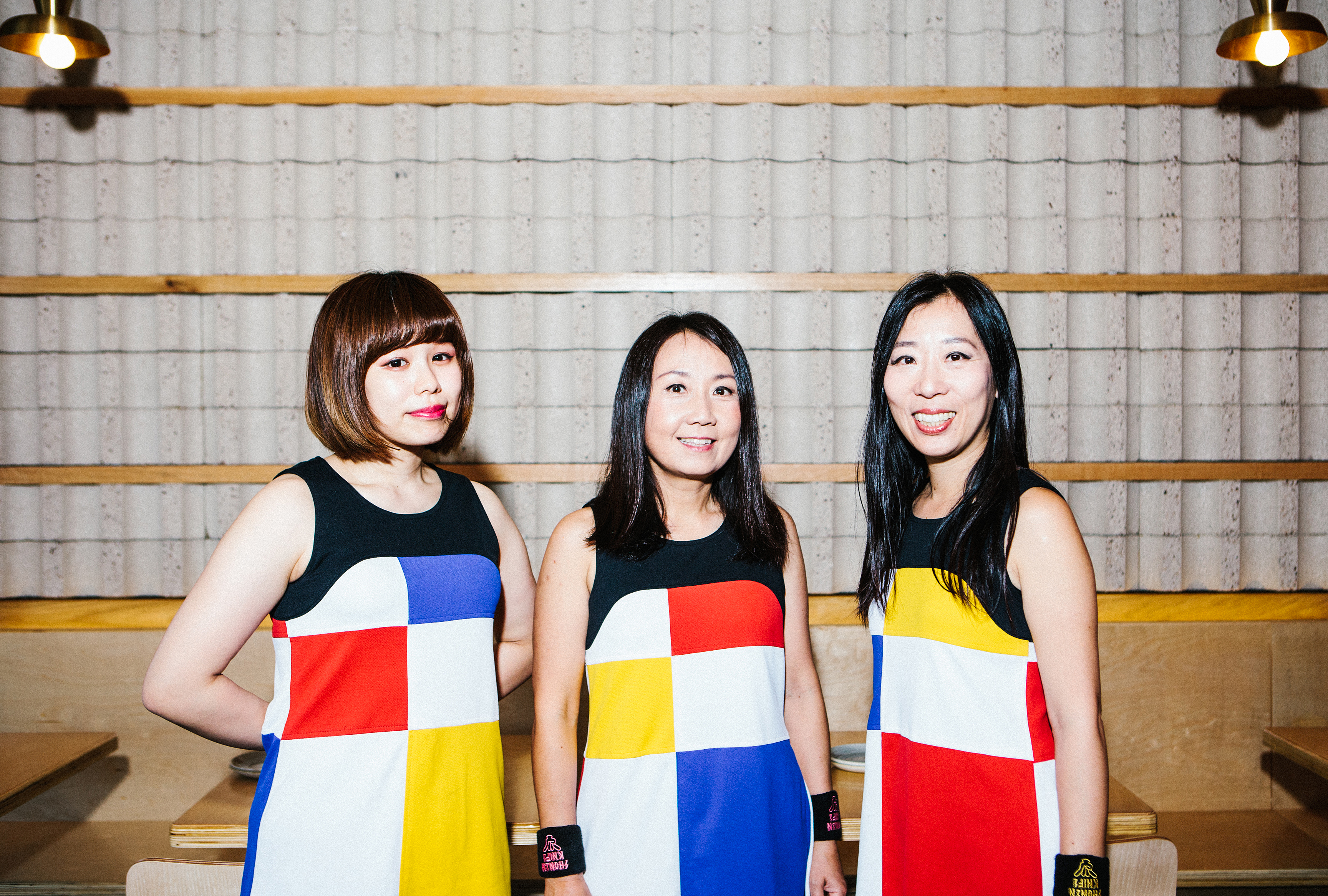 For our interview, Risa, Naoko and Atsuko changed into their signature outfits: geometric-patterned dresses, designed by Atsuko, reminiscent of a Mondrian painting.