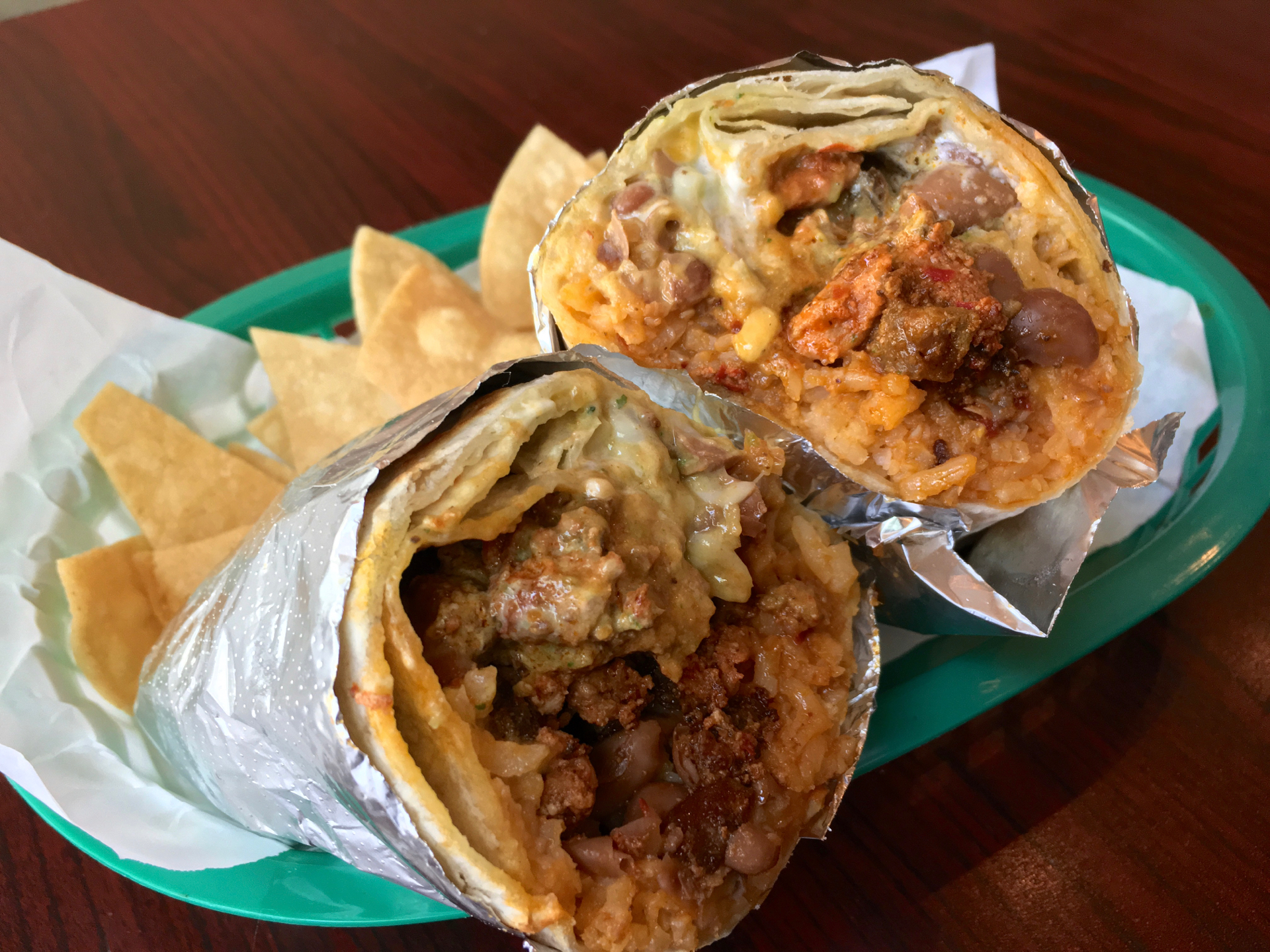 A super burrito with al pastor at Angelou’s Mexican Grill.