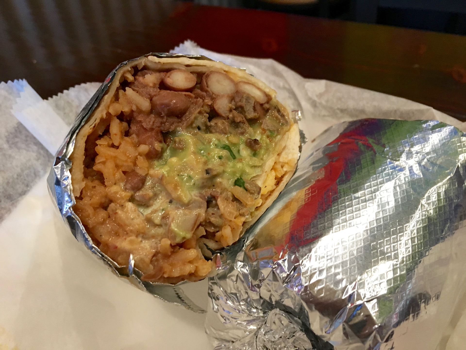 A super burrito with carne asada at Sancho’s Taqueria.