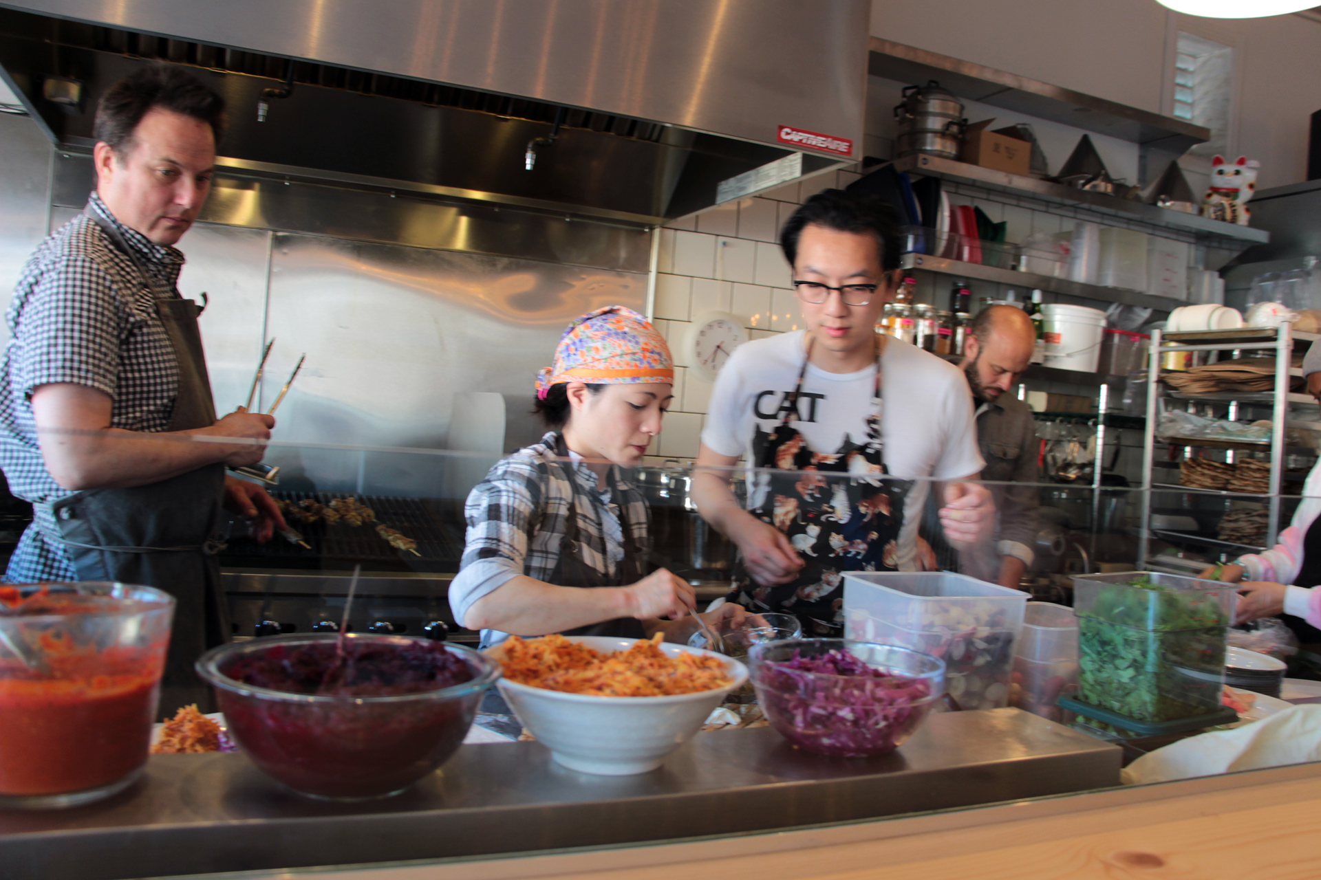 Chef/Owner Russell Moore (left) Chef Traci Matsumoto-Esteban (2nd from left), Brian Crookes (far right).