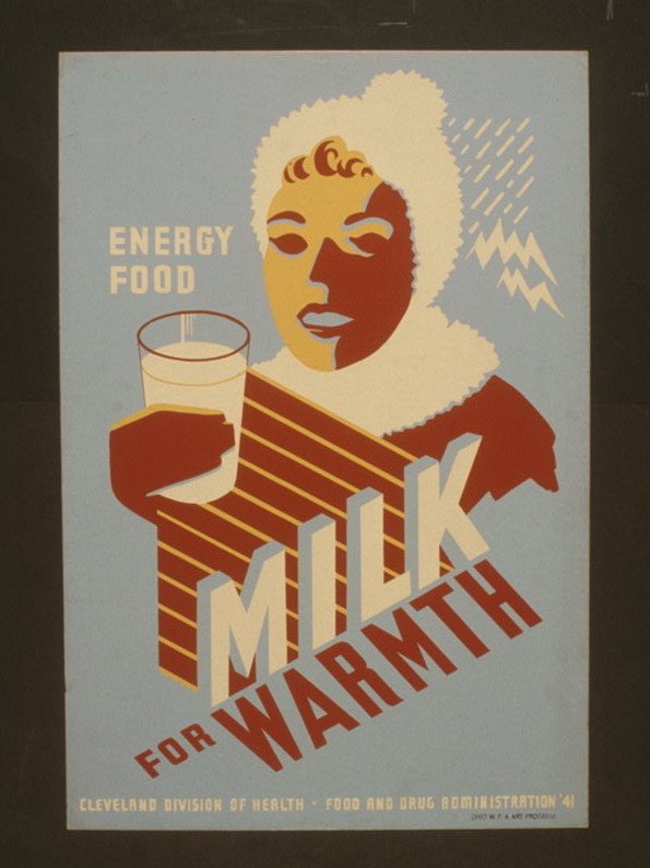 This 1940s poster from public health agencies promotes drinking cow's milk for "food" and "energy."