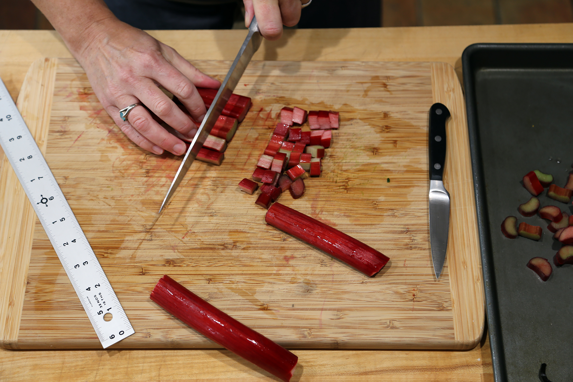 Trim and cut rhubarb stalks into 1/3-inch slices.