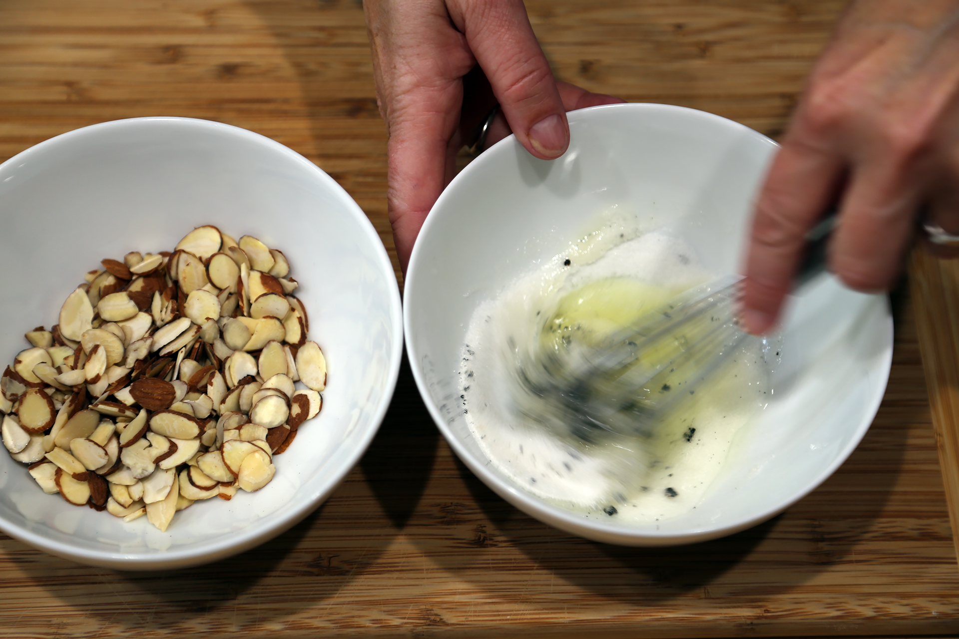 To make the almond crackle, add the egg white, sugar, and salt to the bowl with the vanilla bean seeds and whisk just until frothy (you aren’t actually whipping the whites, you are simply breaking them up) and the vanilla seeds are evenly dispersed.