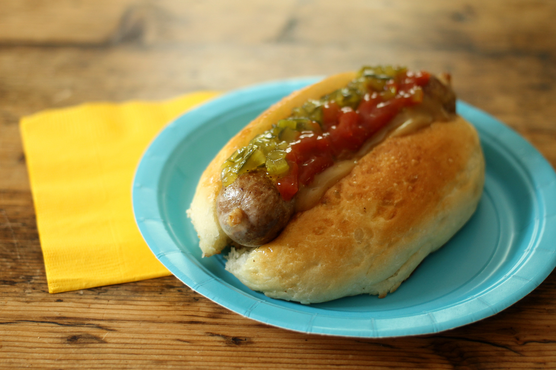 Homemade hot dog in a homemade bun.