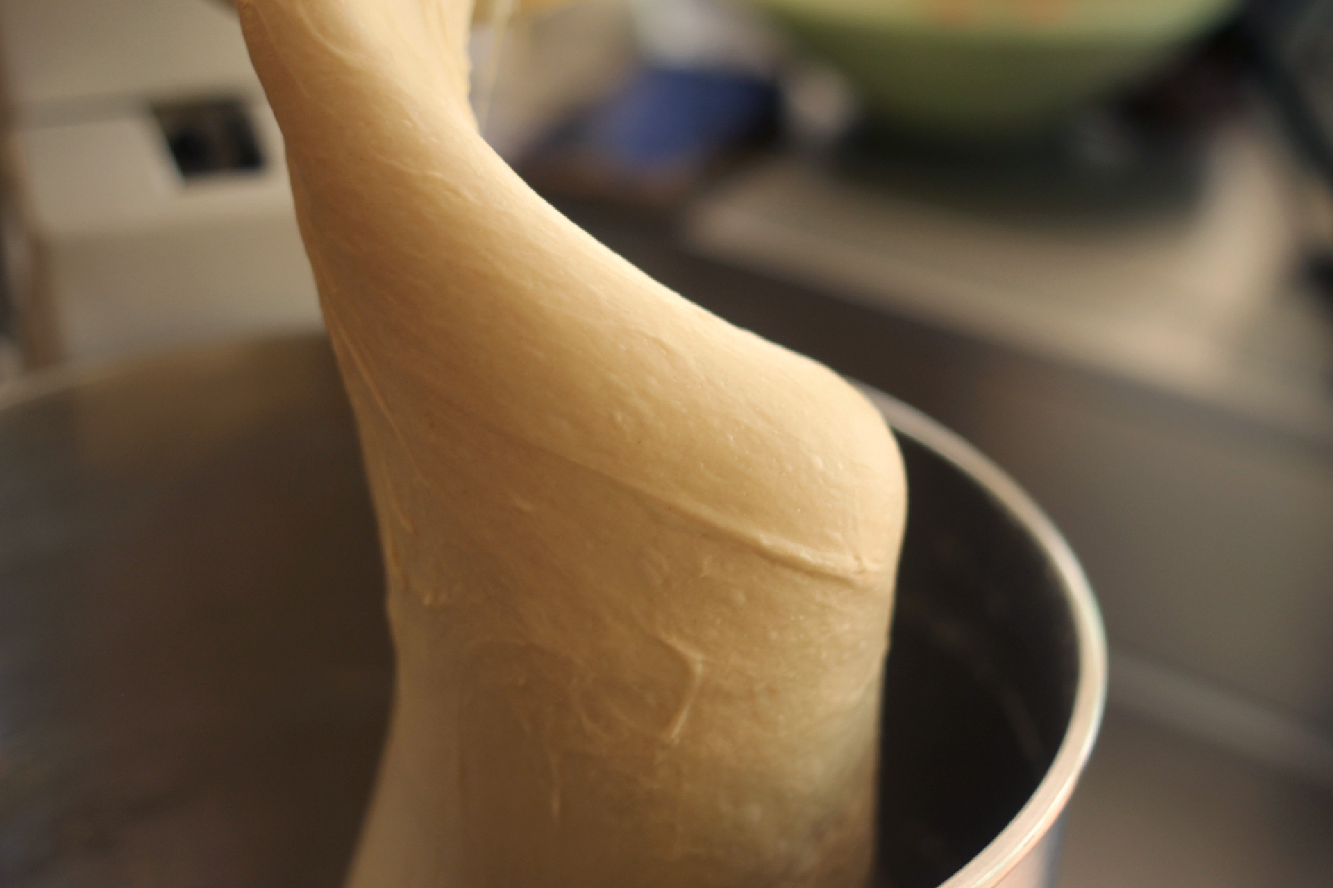 The fully kneaded dough should be smooth and stretchy.