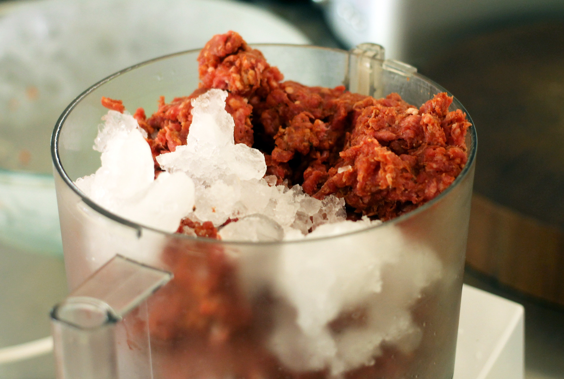 This amount of meat and ice will overflow out of a standard-sized food processor and make a giant mess.