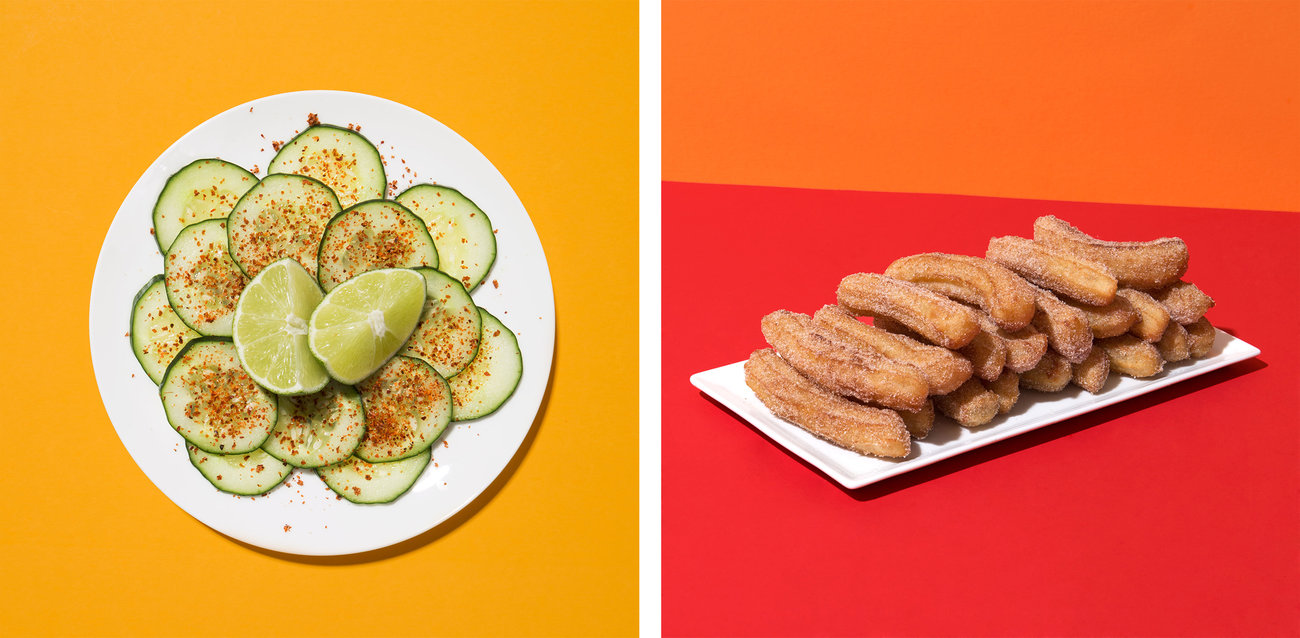 (Left) Cucumber slices seasoned with Tajín and lime wedges. (Right) Vegan churros.