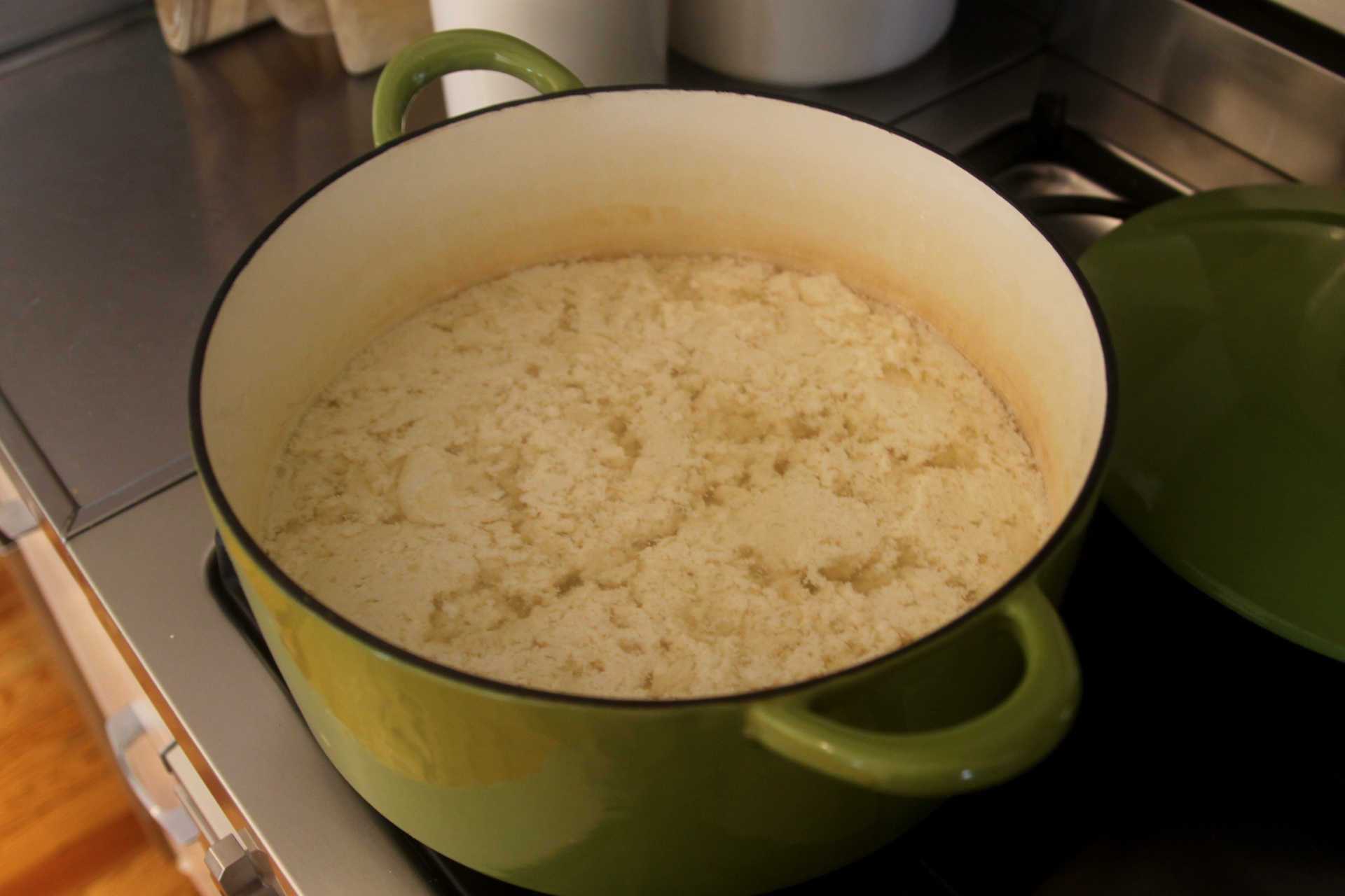When the soy milk has fully curdled, you should see full separation between curds and whey.