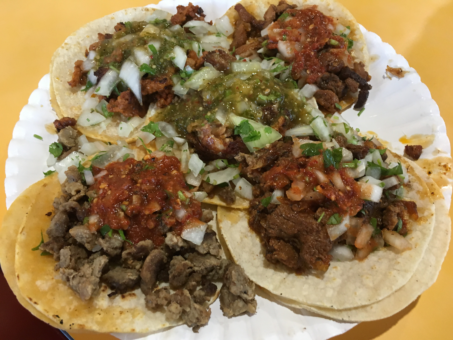 A plate of street tacos at El Grullense with carne asada, al pastor, chorizo, and carnitas.
