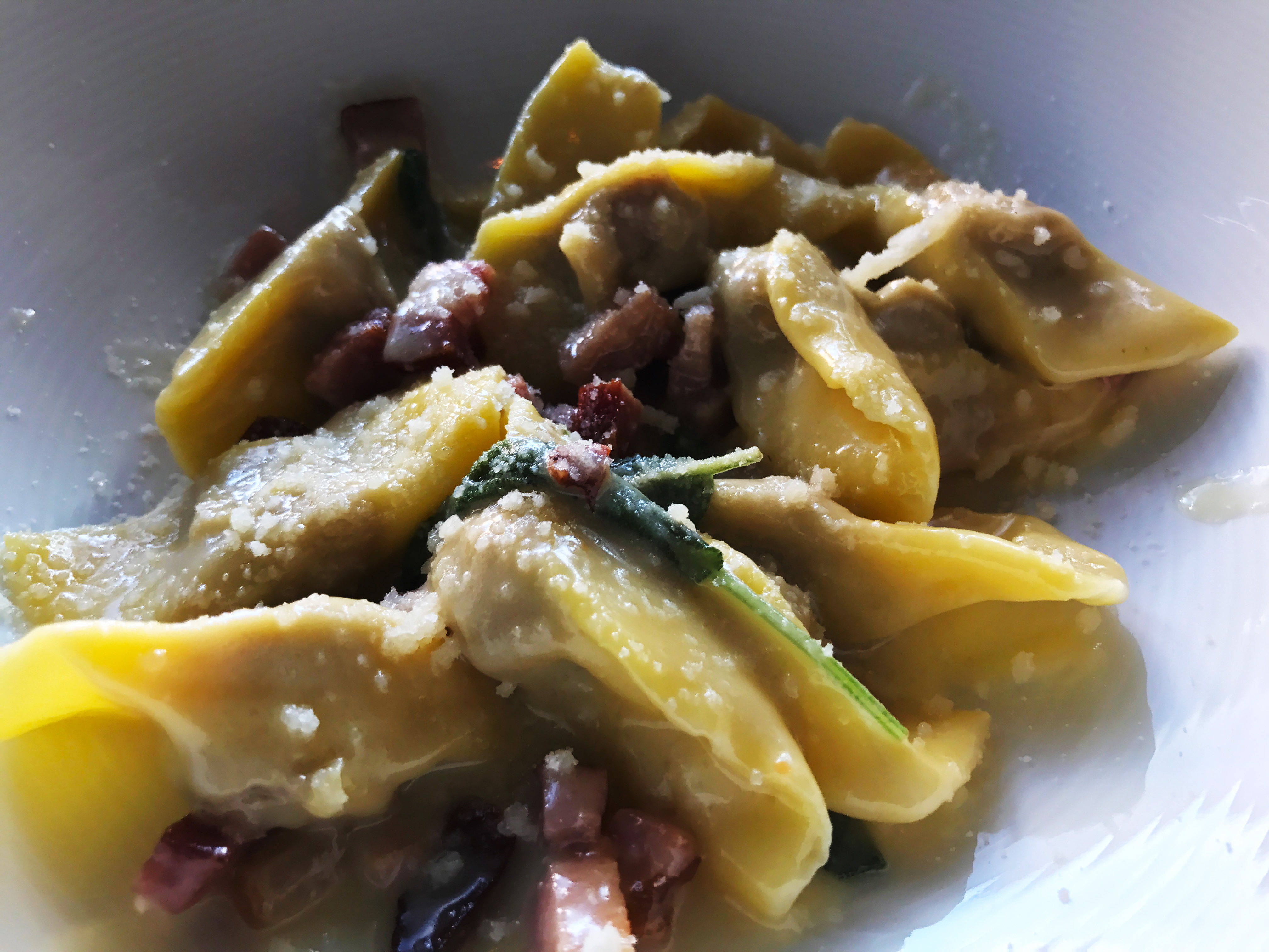 Casconcelli: homemade dumplings stuffed with beef, prosciutto, pork shoulder, grana, smoked pancetta and sage.