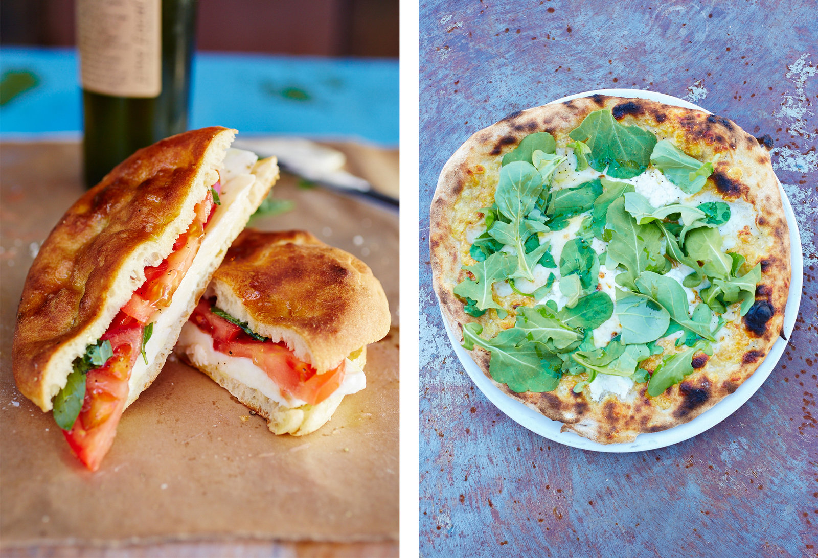 Left: mozzarella and tomato sandwich. Right: pizza biancoverde.