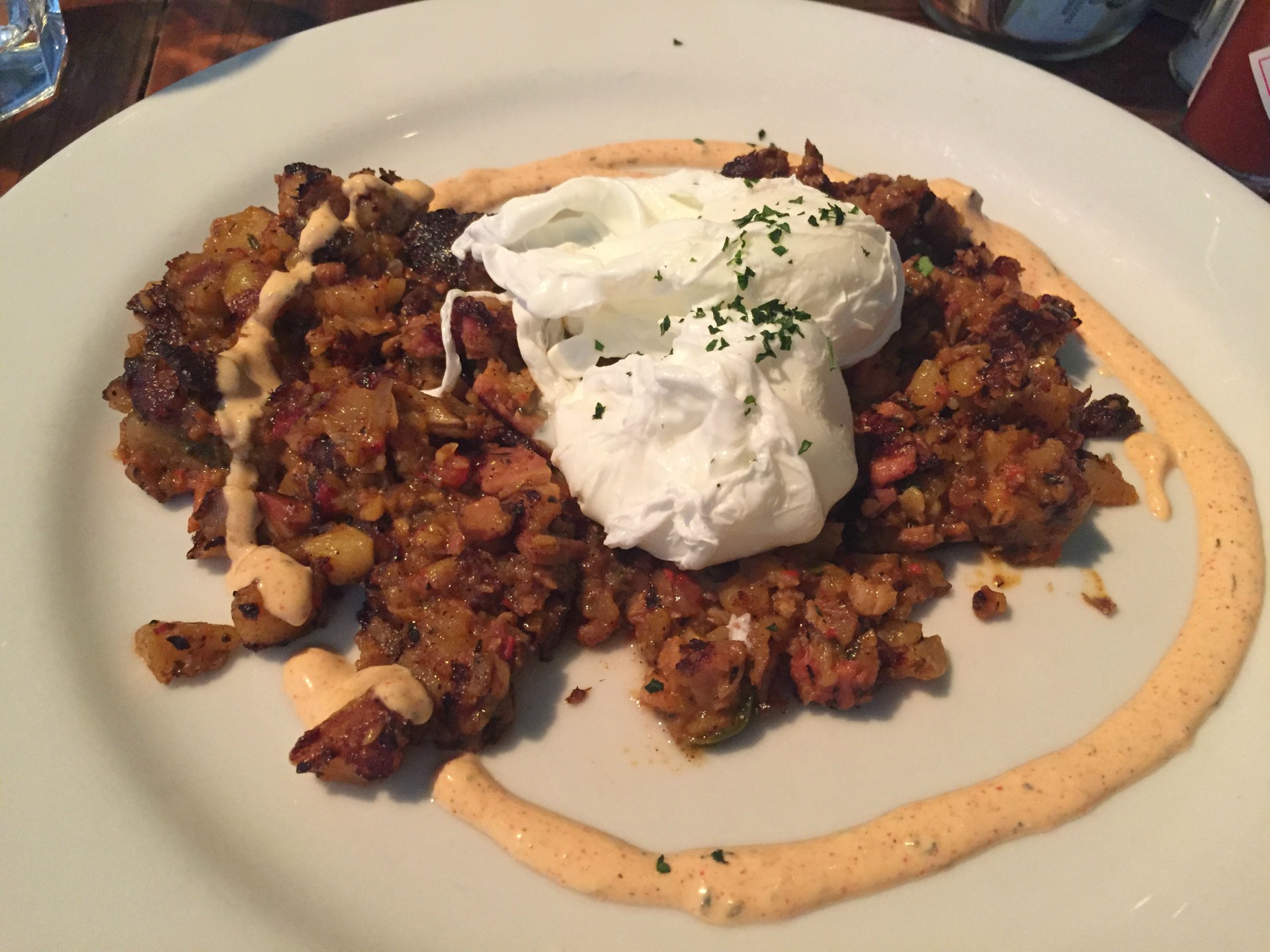 A pork hash exemplified the restaurant's zero waste policies, featuring pork leftover from making other dishes.