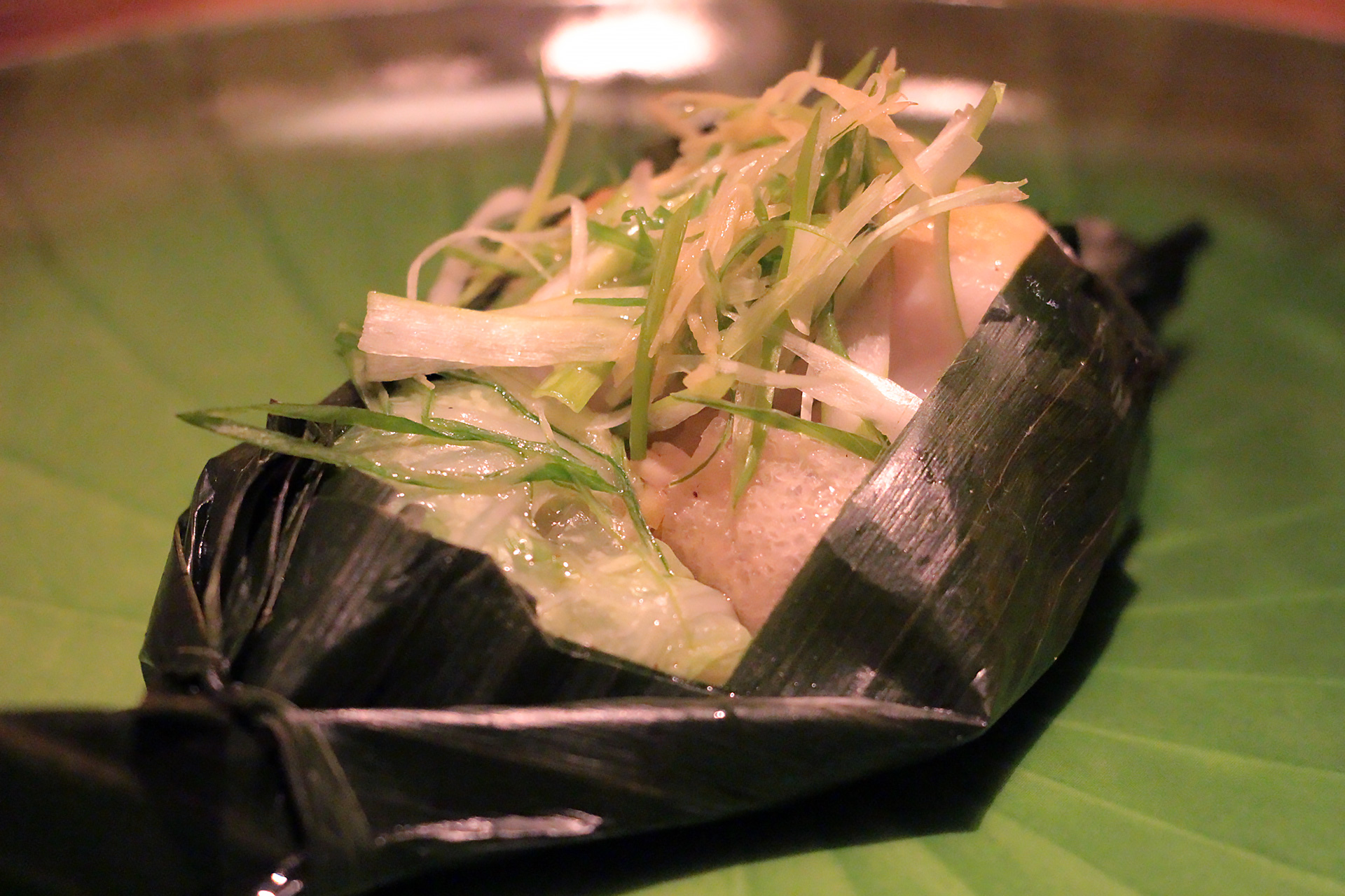 Black Cod Wrapped in Banana Leaf - Picked White Melon, Bamboo 'Cannelloni'