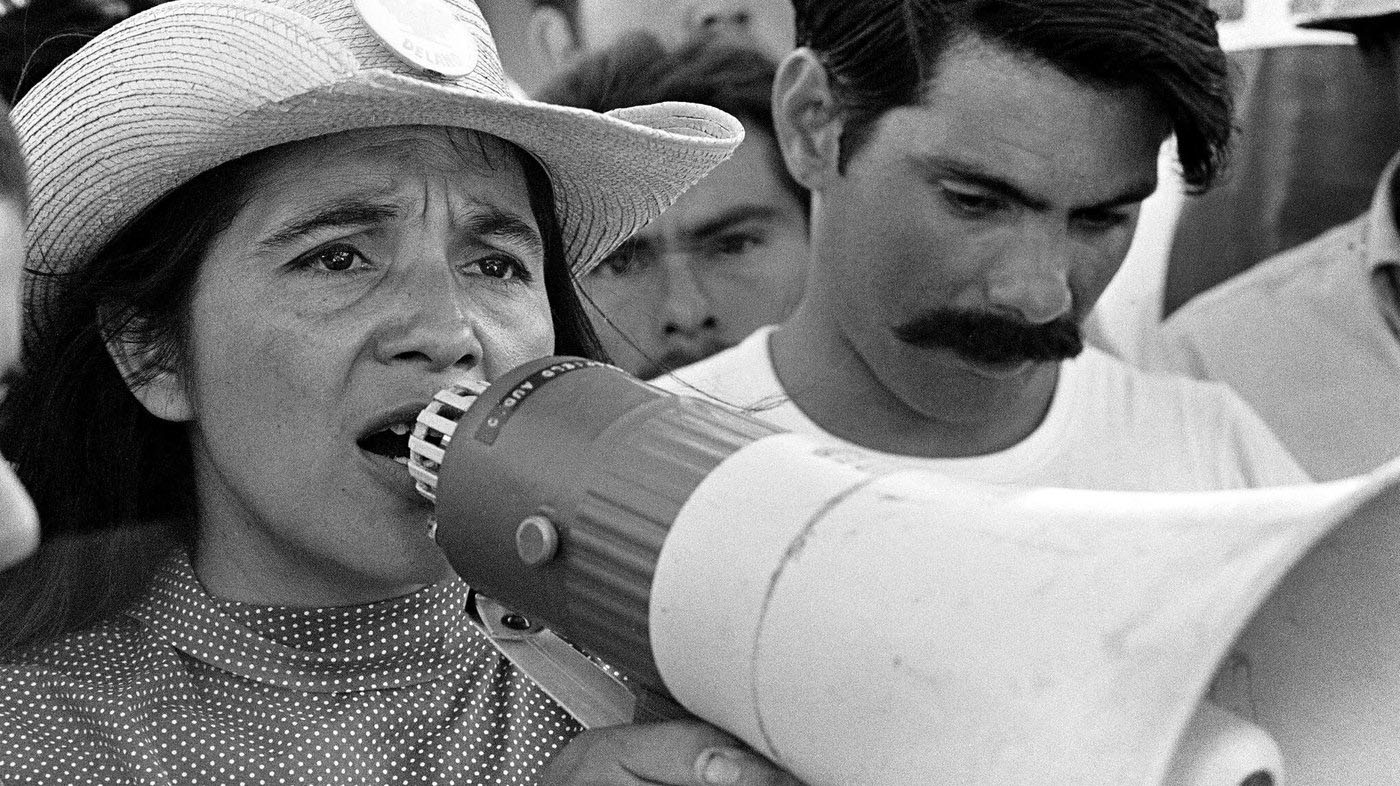 Huerta organizes marchers in Coachella, Calif., in 1969. She's been an outspoken activist for the rights of farmworkers and the downtrodden for much of her life.
