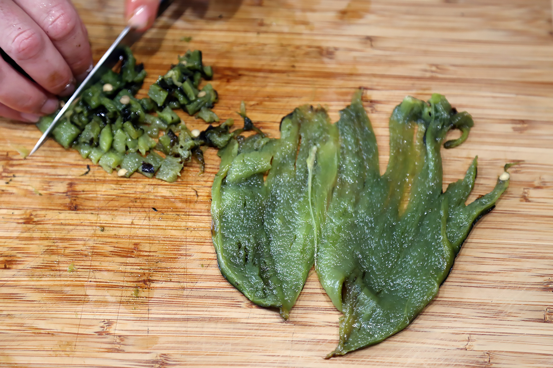 Remove and discard the stem, skin, and seeds, then finely dice the poblano.