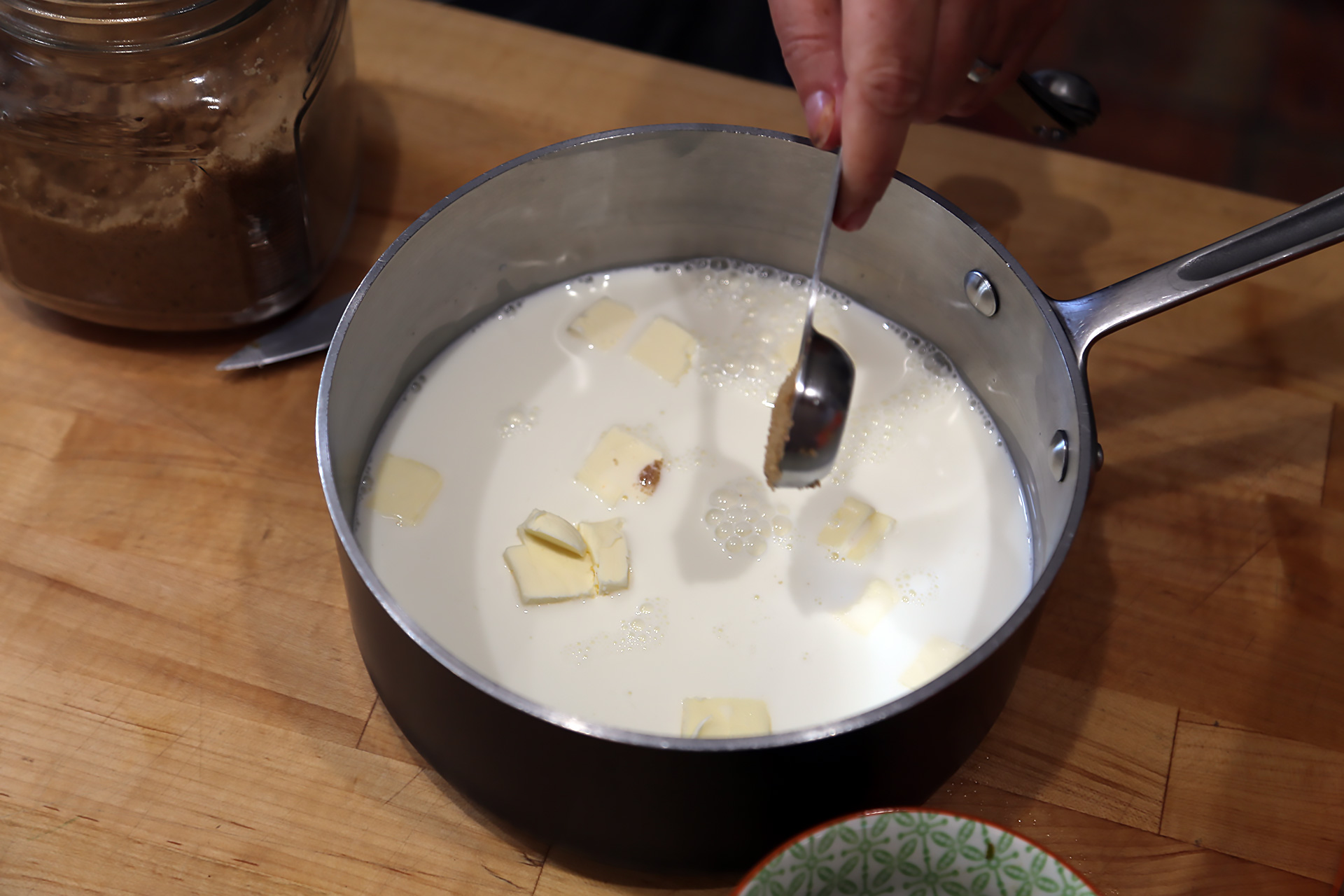 In a saucepan over medium heat, warm the milk, half and half, butter, sugar, and salt until the butter is melted and the mixture is steaming.