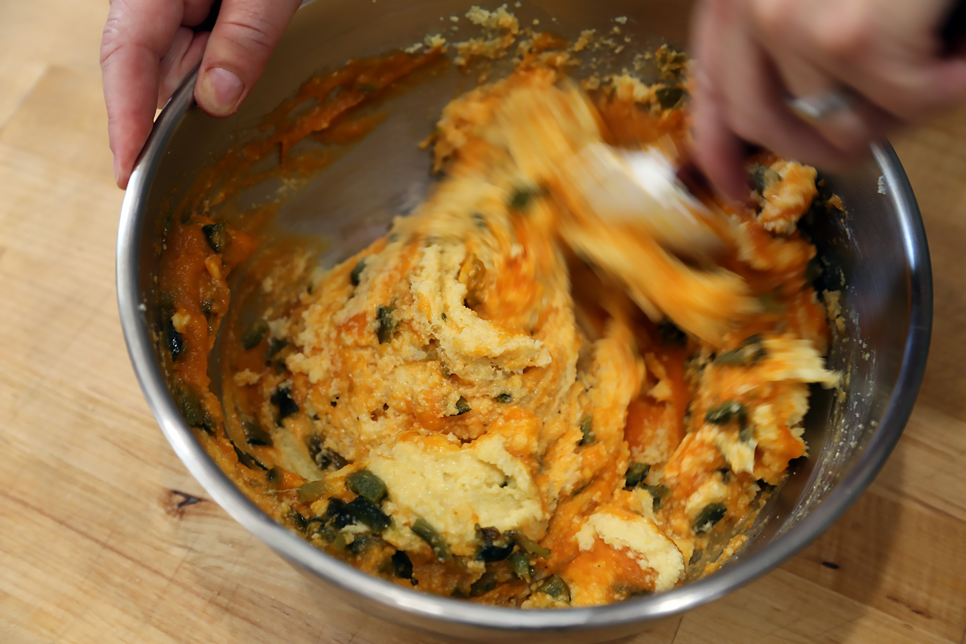 Stir in the sweet potato puree and poblanos.