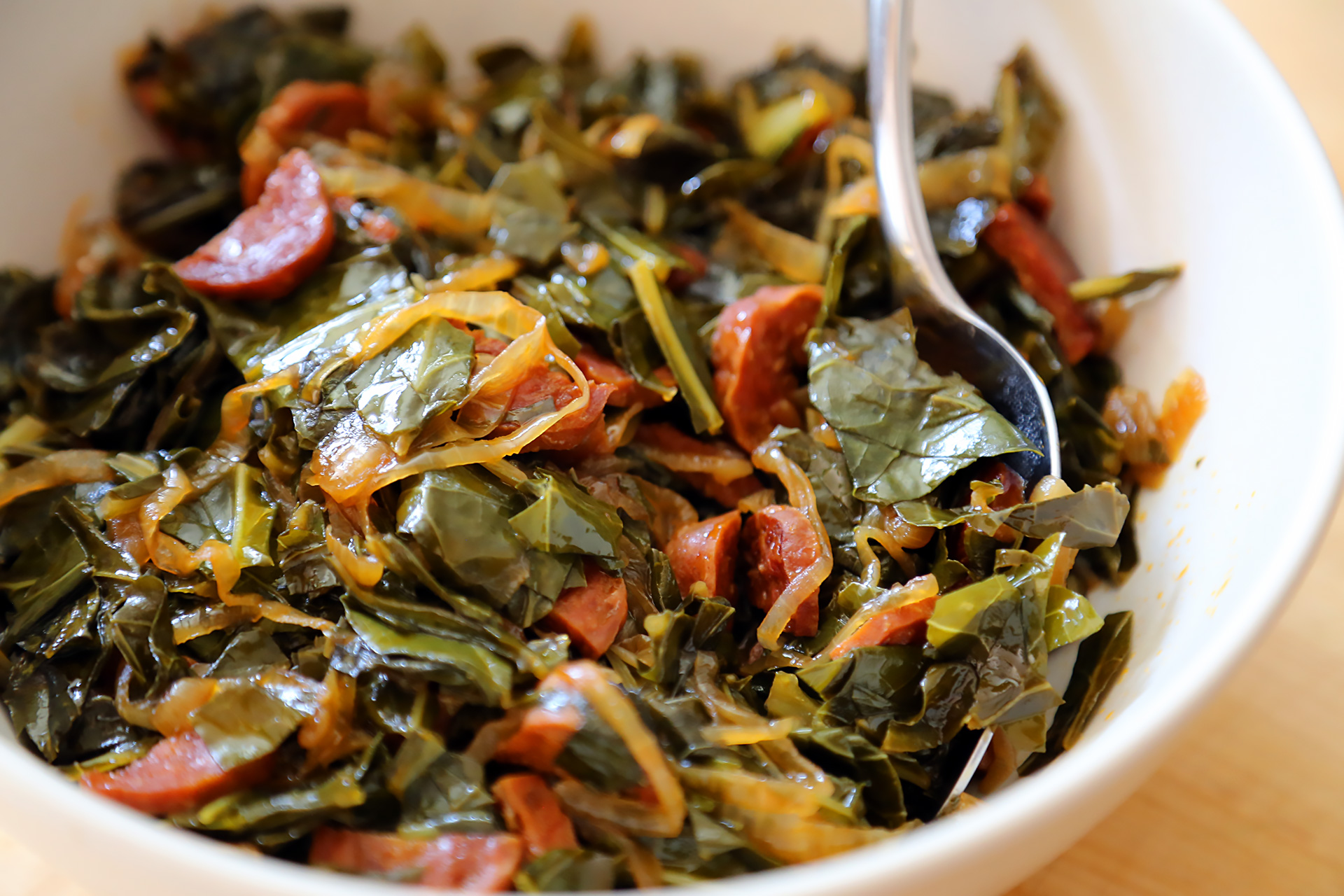 Collard Greens with Chorizo and Caramelized Onions